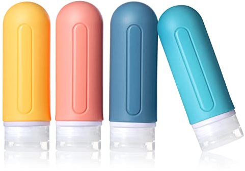Diboniur Flacons en Silicone - 4Pcs Étanches Bouteille Vide , Kit Avion, Accessoires de Voyage Aéroport Aérien pour shampoo, creme, liquidi e Lotion (89ml), Jaune