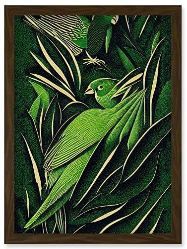 Wee Blue Coo Green Modern Vintage Retro Abstract Jungle Tropical Leaves Parrots Illustration Artwork Framed Wall Art Print A4