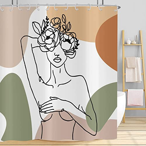 Hnmdmyi Rideau de Douche Femme Abstraite 180x180, Boho Mid Century Rideau de Douche Moderne Minimaliste Esthétique Art Fille Fleur Rideau de Baignoire Imperméable Tissu Lavable Rideau de Bain