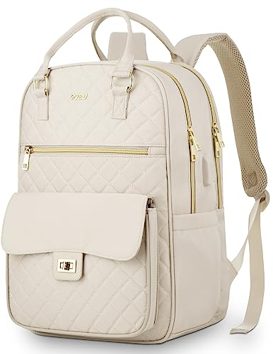 RJEU Sac a Dos Femme,Sac à Dos Ordinateur Portable 15,6 Pouces pour Travail Voyage Loisirs,Sacoche PC Cartable Femme Sac à Dos Scolaire pour College Fille,Beige