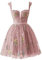 Basgute Robe de bal de fin d'année en tulle avec broderie florale - Robe longue à bretelles spaghetti froncée - Robe de soirée formelle, Rose poudré court, 52 plus