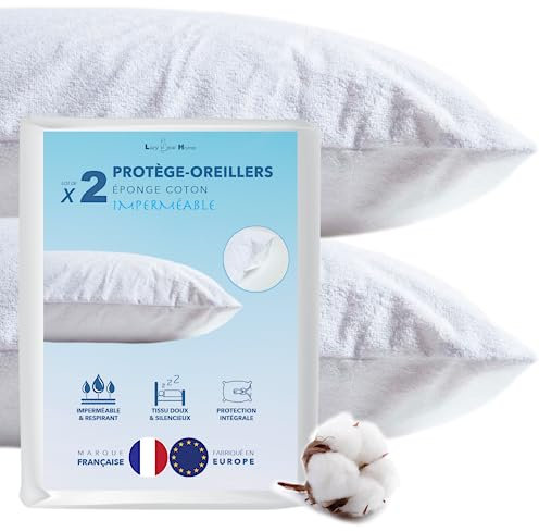 Lazy Bear Home | Protège-Oreiller 65x65 Lot de 2 Imperméable & Respirant | sous-Taie Oreiller 65x65 avec Fermeture Éclair | Surface Eponge Coton Absorbant | Anti acarien | Marque FR, Fabriqué UE