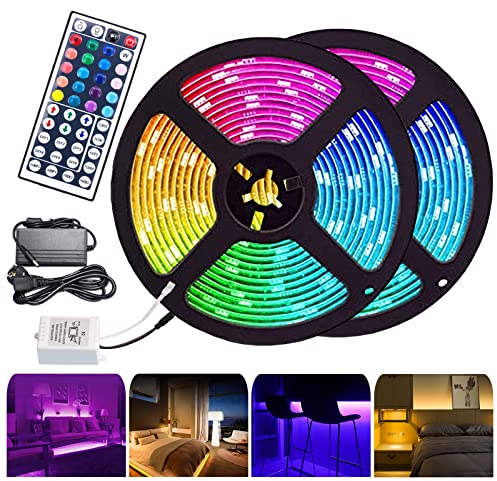 Cecaylie LED Streifen 10m, RGB SMD 5050 LED Strip Selbstklebend mit 44-Tasten Fernbedienung, 20 Farbwechsel 8 Modi, LED Band Leiste für Innenbereich Schlafzimmer Halloween Christmas Deko