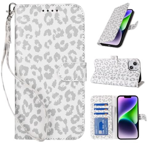 Zouzt Case for iPhone 15 Plus / 14 Plus (6.7 Inch), Premium PU Leather Wallet Case with Credit Card Holder Slot Flip Folio Kickstand Shockproof Protective Phone Cover (White Leopard Pattern)
