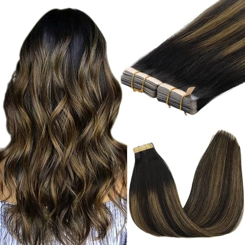 GOO GOO Tape in Hair Extensions Human Hair, 20inch 100g 40pcs, #1B/6/1B | Black to Chestnut Blonde, Remy Hair, Full &Thick Volume, Full Head Coverage, Tangle-free, Durable, Invisible, for Fine Hair