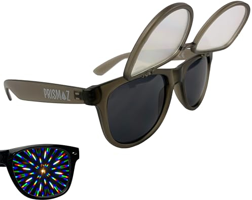 PRISMAZ Hochklappbare Beugungsbrille Für Fantastische Regenbogen Kaleidoskop Effekte - Als Festival Rave Feuerwerk Party Accessoire (Matt Transparent Grau (Beugungsgläser Oben))