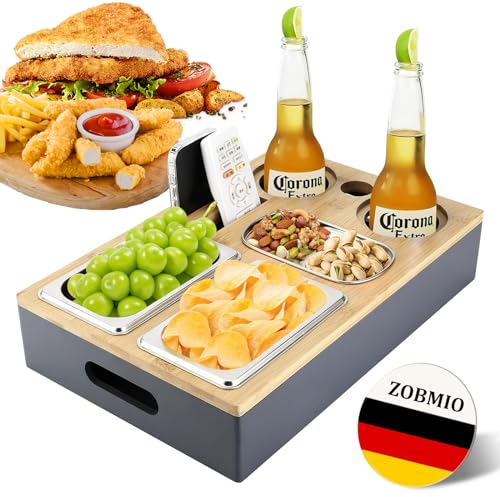 ZOBMIO CouchBar - Praktischer Sofa Tablett mit Zwei Snackschalen Organizer Soßenteller und Flaschenhalter mit abnehmbarem Snackbox Couchbutler Couchorganizer Sofaorganizer Sofaablage Tablett
