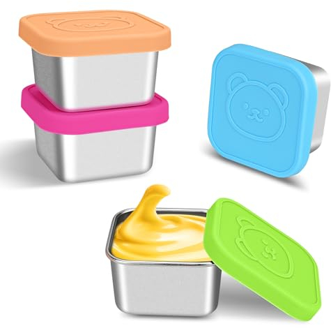 4Pcs Salad Dressing Pots To Go Food Container Sauce Pots Small Stainless Steel Condiment Cup Square Storage Containers With Silicone 2.1oz Bpa-Free Blue,Green,Orange&Rose Red Lids for Lunch Bento Box