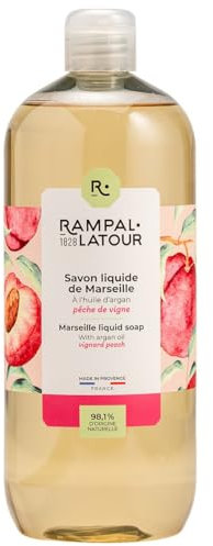 Rampal Latour - Savon Liquide de Marseille à l'huile d'argan - Parfum Pêche de Vigne - Hydratant et Adoucissant - Mains et Corps - Recharge 1L