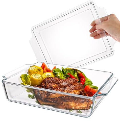 ZOFUN Cacerola rectangular con tapa de cristal, 29 x 20 x 9 cm, para lasaña de cristal, para asar, horno, horno eléctrico, para lasaña