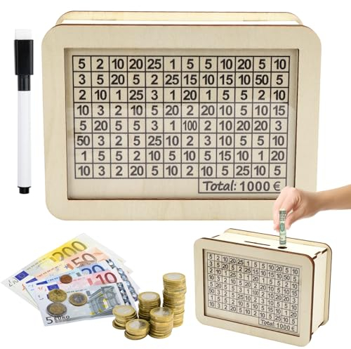 Sparbox mit 1000€ Sparziel, Spardose aus Holz, Wiederverwendbare Sparbüchse mit 1 Löschbarer Stift und Acrylplatten, Spardose mit Zähler, Hilft Erwachsene und Kinder Die Gewohnheit zum Sparen