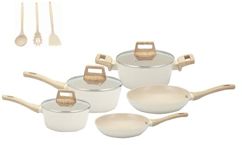 M MELENTA Pots and Pans Set Non Stick, 11 Piece Die-Cast Induction Hob Pan Set, Ceramic Cookware Set Nonstick Cooking Sets with Frying Pans, Saucepan Set, 100% PFOA Free, Cream