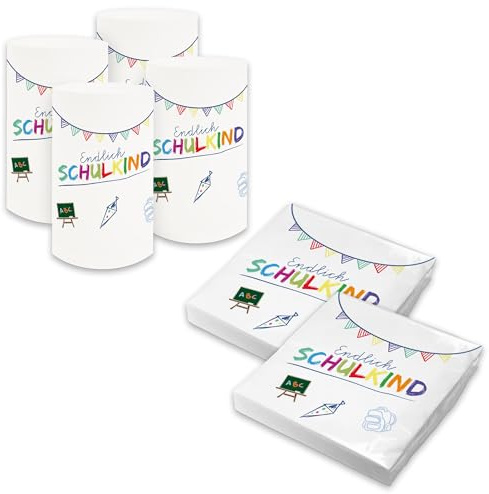 itenga Servietten Endlich Schulkind 30 x 30 cm 3-lagig 40 Stück für Einschulung Schulanfang 3lagig (SET weiss 40 Servietten + 6x Windlicht)