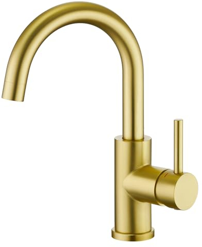 CREA Wasserhahn Küche, 360° Drehbare Küchenarmatur für Kleine Küche, Mischbatterie für Küche oder Bad, Armatur Küche mit Hohem Auslauf, Gold