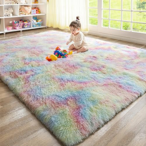 KCHOWUA Flauschiger Einhorn-Teppich für Mädchenzimmer, 1,8 x 2,7 m, verdickter, waschbarer Plüsch-Teppich für Jungen, Mädchen, Kinder, Zuhause, weich, zottelig, bequem, großer Teppich für Wohnzimmer,