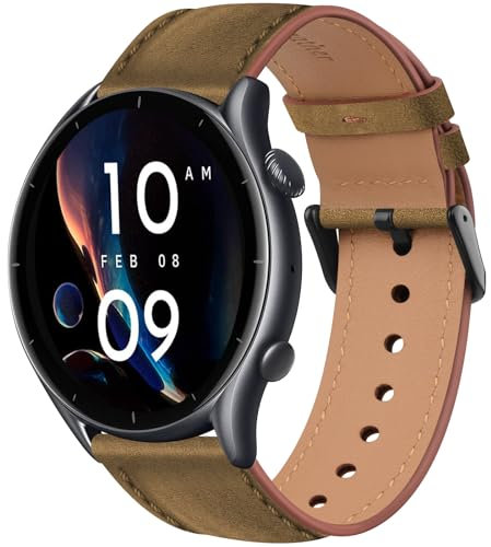 Amzpas Bracelet pour Huawei Watch GT2 / GT 2 Pro 46mm, 22mm Remplacement en Cuir Bracelet Femme Homme Compatible avec GT3 / GT 3 Pro/GT 2e, Marron foncé