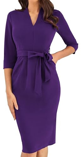 GRACE KARIN Women’s Casual V-Neck Vintage Long Sleeve Bodycon Business Pencil Dress with Pockets - Elegant Wedding Guest Dress in M Purple Size 14