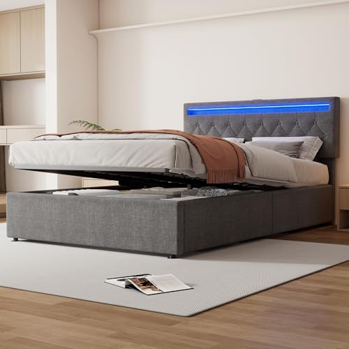 KEYIDE Polsterbett 140x200 mit LED und USB, Boxspringbett mit hydraulisches Bettkasten, Bett mit Lattenrost, Großer Stauraum, Doppelbett Jugendbett Stauraumbett, Ohne Matratze (Grau, 140 x 200cm)