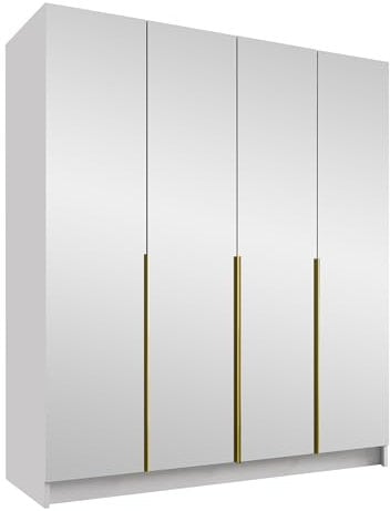 Mirjan24 Kleiderschrank mit Spiegeltüren, Einlegeböden und Kleiderstange Salkor III, Vielseitiger Drehtürenschrank, Elegantes Kleiderschrank 4-türig (Weiß/Weiß + Gold)