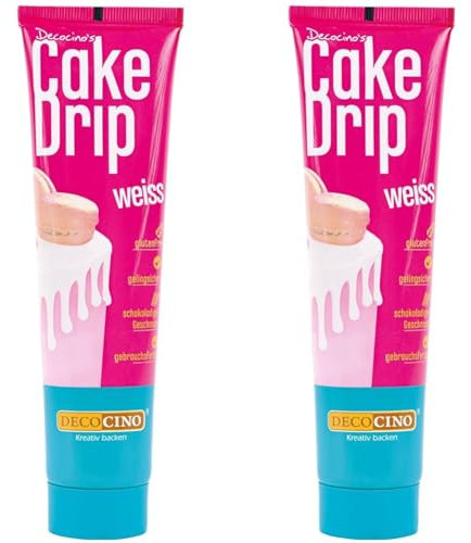 DECOCINO Cake Drip Weiss – schokoladiger Geschmack – direkt gebrauchsfertig – Backdeko für Torten, Kuchen, Muffins, Cupcakes, Cake Melts (Packung mit 2)