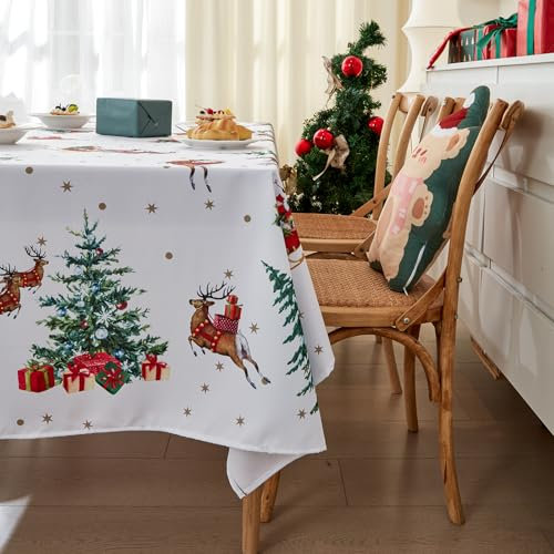 Tischdecke Weihnachten Weihnachtstischdecke Abwaschbar Weihnachtsdeckchen Christmas Table Cloth Garten Tischdecke Wachstuch Rund Oval Eckig Indoor (Weiß, Eckig 140 x 240 cm)
