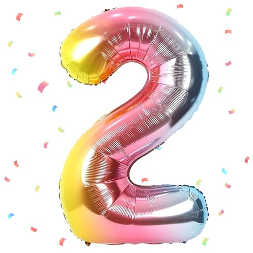Regenbogen Luftballon 2,Zahlen Luftballon Regenbogen,40 Zoll Bunt Folienballon 2,101cm Sandweiß Zahlenballon 2 Helium Ballon Luftballon 2 Geburtstag für 2 Jahre Geburtstagsdeko Kinder Mädchen Junge