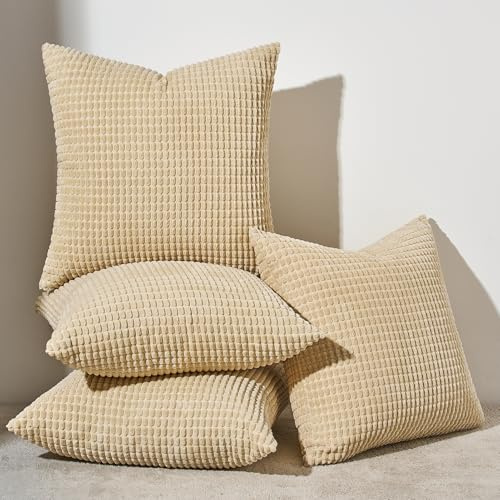 Topfinel Kissenbezug 50x50 Khaki 4er Set Cord körnig Farbverlauf Kissenbezüge Kissenhülle Dekokissenbezug Sofakissen Couchkissen für Sofa Schlafzimmer Wohnzimmer Balkon Kinder flauschig