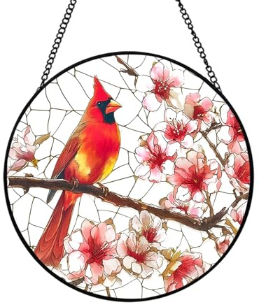 Xuoxeji Cardinal Stained Glass Sun Catcher, 7.87 Inch Handmade Red Bird Suncatchers Indoor Wall Decor Art Glass Panels - Mothers Day Birthday Gifts for Mom Grandma
