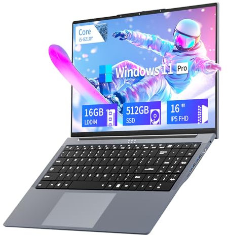 16 Pollici Notebook, Core I5-8210Y CPU Win11 PC Portatile, Notebook 16GB RAM 512GB SSD, Laptop Sblocco con Tastiera Retroilluminata, 1920 * 1080 IPS Full HD Schermo, Mini HDMI/Type-C/TF Card Slot