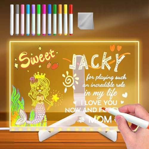 Tableau mémo LED avec couleurs - Tableau d'affichage avec LED - En acrylique avec stylo de 12 couleurs - Avec support éclairé - Acrylique lumineux avec veilleuse - 30 x 20 cm