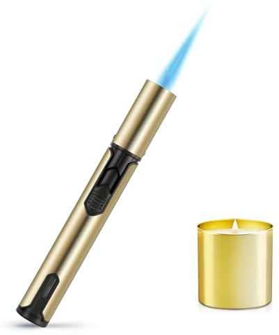 Taschenlampe Feuerzeug Winddicht Nachfüllbar Lange Stiftform Feuerzeuge mit Sichtfenster Vielseitig für Küche Outdoor Kerze Backen BBQ Grill (Butan Nicht enthalten) (Champagner Gold)