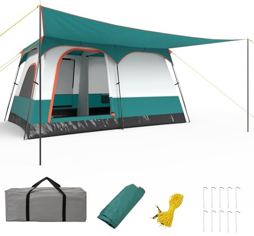 COSTWAY Tienda de Campaña 4-10 Personas, Porche, 2 Habitaciones, 2 Puertas, 2 Ventanas de Malla, Tienda de Campaña Familiar Grande, Capa Doble para Camping, Picnic (320 x 210 x 180 cm)