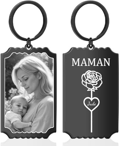 Porte-clés Personnalisé pour Maman - Cadeau Fête des Mères Gravure Fleur et Noms - Porte Clef avec Photo - Personnalisable Cadeau Fete des Meres Maman