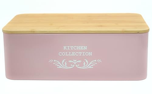 CASA HEAVEN Contenitore Portapane con cap di bambù 35x12x23 CM - Rosa-Scatola Pane da Cucina in Metallo con Coperchio in Bambù – Design Vintage