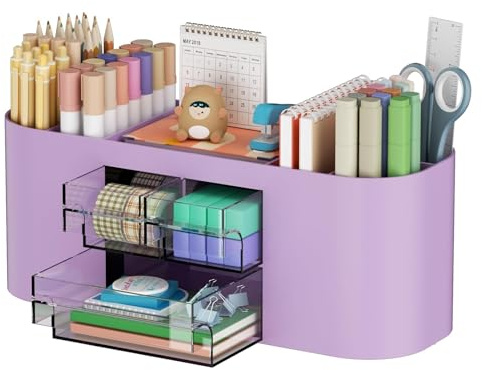 Marbrasse Schreibtisch Organizer mit 3 Schubladen,Multifunktionaler Stiftehalter,Schreibtischzubehör & Ablage mit 7 Fächern für Haus,Schule,Klassenzimmer (Lila)