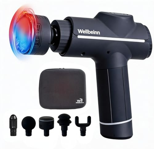 WELLBEINN Pistola de Masaje Muscular con Calor y Frío | Massage Gun Profesional Tejido Profundo | 5 Velocidades | 5 Cabezales | Masajeador Cervical y Espalda para Alivio del Dolor y Recuperación