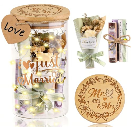 Hochzeitsgeschenke für Brautpaar, LED Glasflasche Hochzeit mit Bambusdeckel | Geldgeschenk Hochzeit Verpackung mit Trockenblumen, Hochzeitsgeschenk Geld,Geschenk für Hochzeit Verlobung Jahrestag