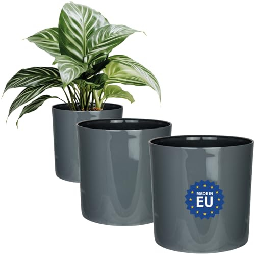 LIVINJA Blumentopf Set 3 Stück, glänzend grau, rund, Ø 15 cm, Stabiler Kunststoff, Übertopf für Fensterbank, wetterfest, Made in EU – Dekotopf für Blumen und Pflanzen