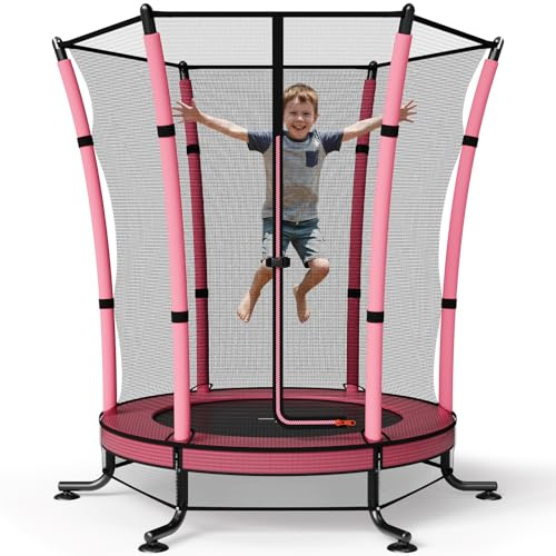 JUMMICO Trampolin Kinder mit Sicherheitsnetz Ø145cm, Indoor-/Outdoor Trampolin für Kinder ab 3 Jahre, Rosa