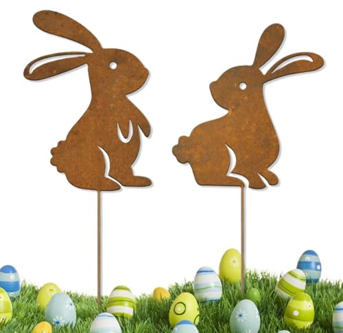 2er Osterhasen Gartenstecker, 2D Edelrost Oster Hase Gartenstecker Deko Rost, Gartendeko Groß Rost Ostereier Hase, Osterdeko für Draußen Garten, Ostern Deko Gartendeko für Draußen (A)