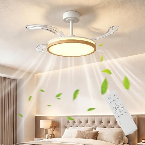 HOMCOM Deckenventilator mit Beleuchtung Einziehbare Flügel Ø95 cm Natur | 80 W Dimmbare LED Deckenleuchte mit Ventilator, 3 Lichtfarben, Fernbedienung, 6 Geschwindigkeiten, Timer, DC Motor
