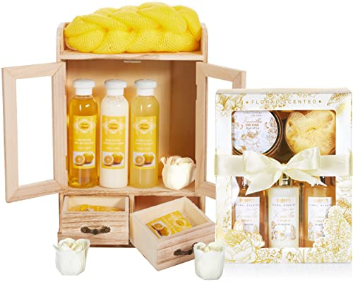 BRUBAKER Cosmetics 2 in 1 Pflegeset Lemon & Vanilla Rose Minze - Großes 15-teiliges Wellness Set - Damen Dusch- und Badeset - Frauen Beauty Geschenkset mit Deko Holzschrank