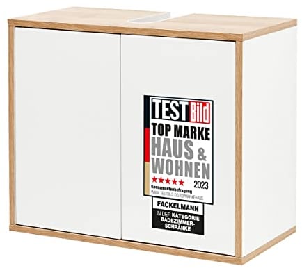 FACKELMANN Waschbeckenunterschrank Finn/Badschrank mit Push-to-Open/Maße (B x H x T): ca. 60 x 50 x 30,5 cm/Schrank fürs Bad mit 2 Türen/Korpus: Weiß/Front: Weiß/Rahmendekor: Braun hell