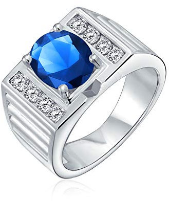 Bling Jewelry Herren Verlobungsring Mit Ovalem Blauen Saphir Solitär Mit Bürstenschliff Versilbertem Breitem Band 3CT AAA CZ Aussage Anpassbar