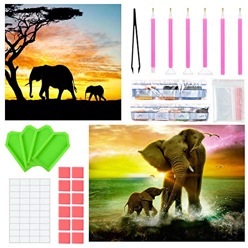 EKKONG Diamond Painting 5D Diamant Painting Bilder 2 Stück DIY Diamant Malerei Set Strass Gemälde mit Zubehör für Arts Craft Geschenke, Home, Wand, Eingang, Büro Decor (Elefant, 40 * 30cm+30 * 30cm)