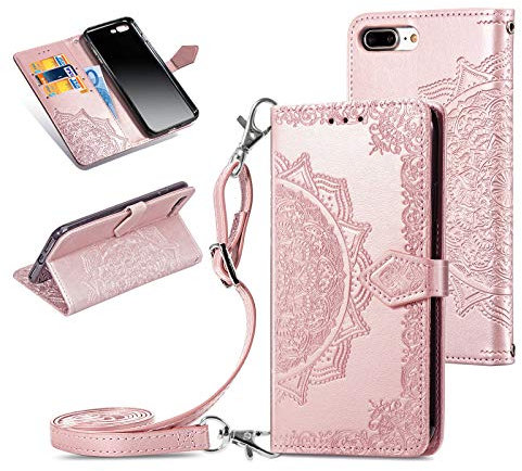 QLTYPRI Case for iPhone 7 Plus/iPhone 8 Plus, Premium Leather Wallet Case Card Holder Shoulder Strap Embossed Flower Pattern Magnetic Protective Cover - Rose Gold