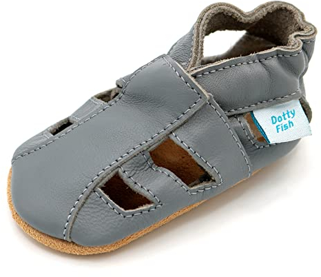 Dotty Fish Ledersandalen für Babys und Kleinkinder – Von Podologen empfohlen, atmungsaktiv, rutschfeste, britische Marke. Barfuß-Sommerschuhe für Jungen und Mädchen – Graue Sandalen 6-12 Monate