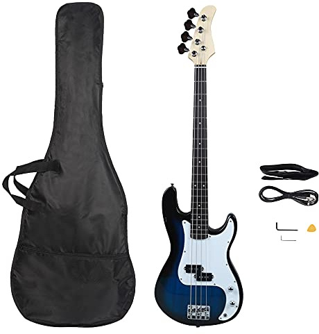 Bonnlo Electric Bass Guitar 4 Strings Full Size for Beginner Exquisite Basswood Burning Bass with Bag, Strap and Accessories (Dark Blue)