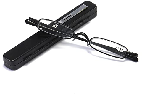MMOWW Mini Metall Lesebrillen Damen Herren Federscharnier Klassische Klein Schmal Leicht Lesehilfe Sehhilfe Brillen mit Etui (Schwarz,+2,0)