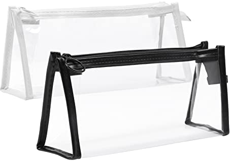 TIECHI 2PCS Clear Pencil Case for Exams, Waterproof PVC Transparent Pencil Case for Girls Boys, See Through Pencil Cases for Stationery School Make Up Toiletries, Black&White